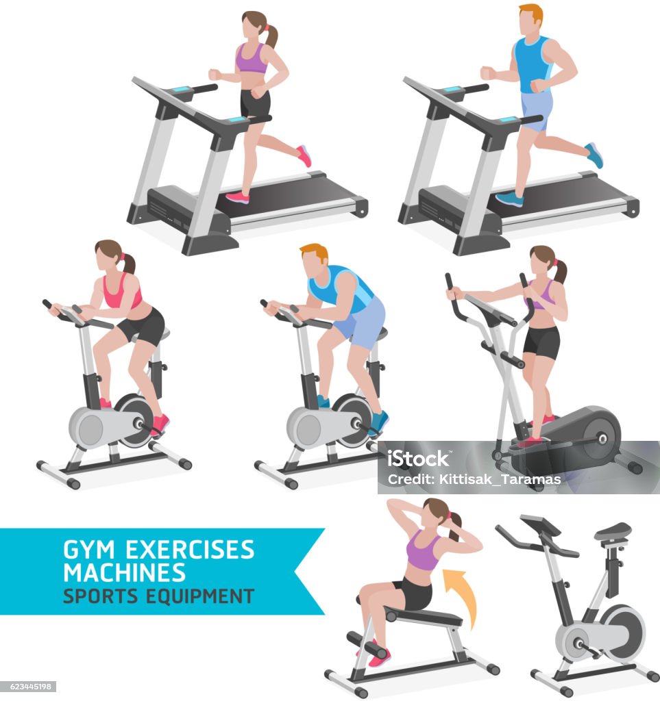 Gym exercises machines sports equipment. Cycling stock vector
