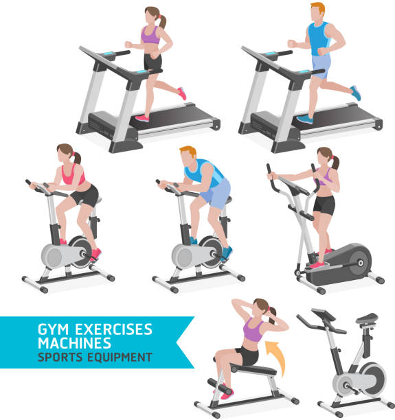 Gym exercises machines sports equipment. Gym exercises machines sports equipment. woman on exercise machine stock illustrations