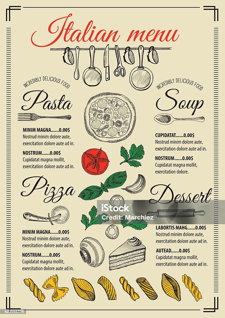 Menu italian restaurant, food template placemat. Italian menu placemat food restaurant brochure, template design. Vintage creative pizza flyer with hand-drawn graphic. Menu stock vector