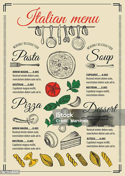 Menu Italian Restaurant Food Template Placemat Stock Illustration - Download Image Now - Menu, Invitation, Italian Culture