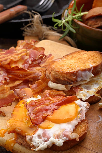 istock Toasts with fried egg and hot bacon pieces 623447704