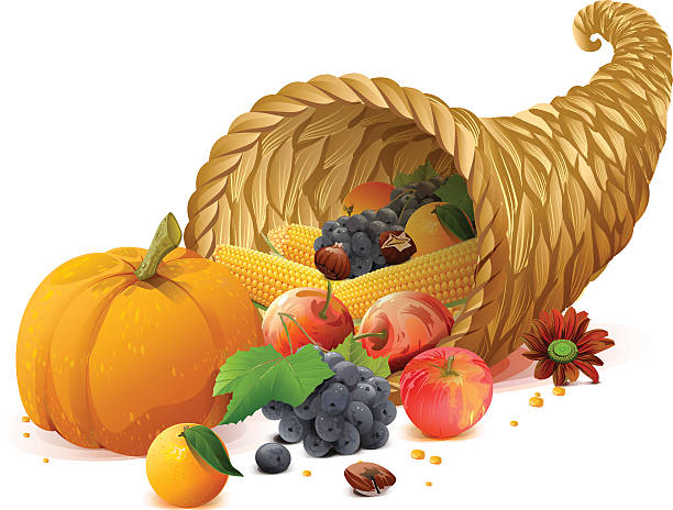 ilustrações de stock, clip art, desenhos animados e ícones de cornucopia rich harvest on day of thanksgiving - basket apple wicker fruit