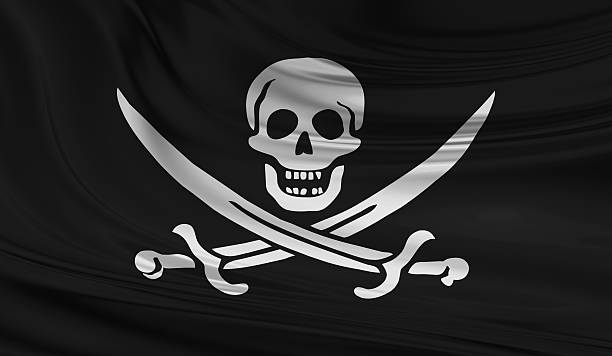 istock Jolly Roger pirate waving flag with skull and swords 623450798