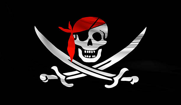 Jolly Roger pirate waving flag with skull and swords with red bandana on a silk drape
