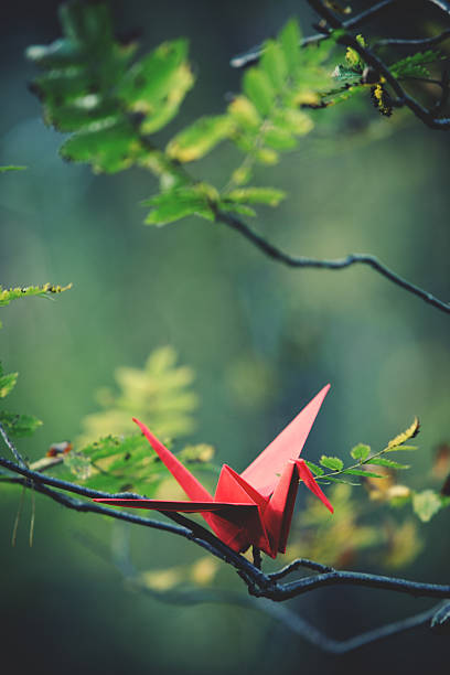 Red origami crane on a tree branch
