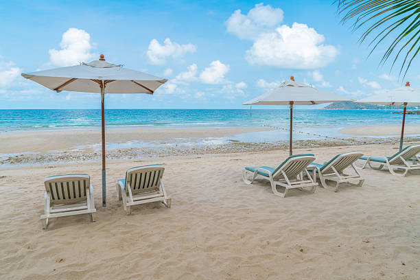 istock Beautiful beach chairs on tropical white sand beach 623452882