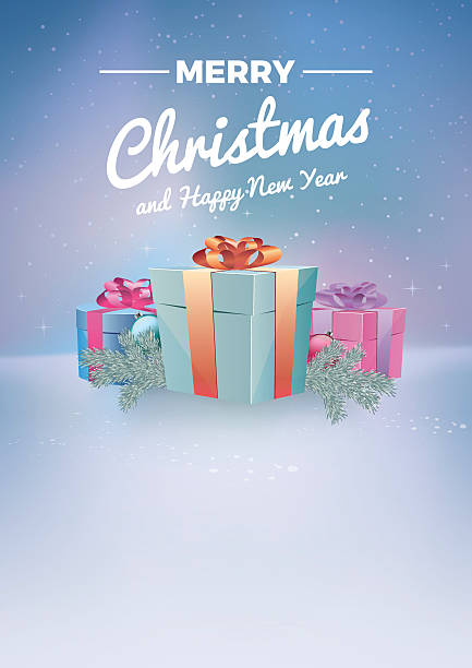 ilustraciones, imágenes clip art, dibujos animados e iconos de stock de fondo mágico con regalos navideños - christmas present christmas card powder snow snowing