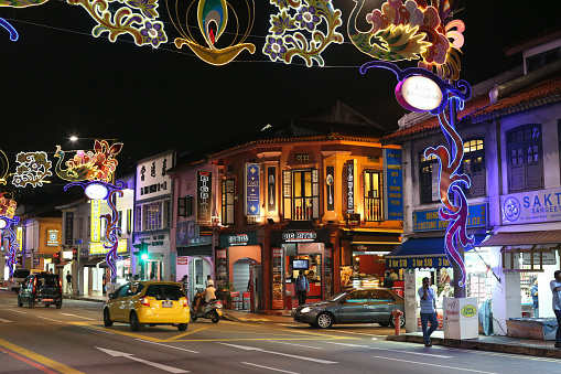 Singapore - November 16, 2012. View of the street of LIttle India with colorful decoration for the Diwali festival
