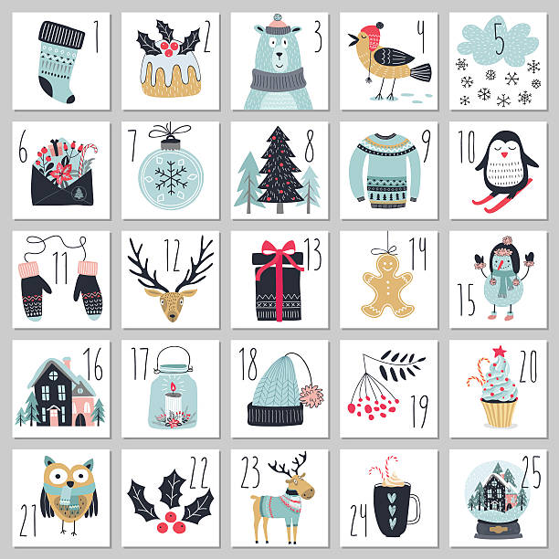 weihnachten adventskalender, handgezeichneten stil. - adventskalender stock-grafiken, -clipart, -cartoons und -symbole