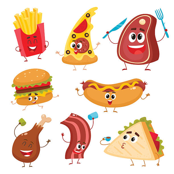 Set of funny cartoon fast food characters Set of funny fast food characters - pizza, French fries, burger, hot dog, steak, bacon, sandwich and chicken leg, cartoon vector illustration isolated on white background. Funny fast food characters meat cartoon stock illustrations