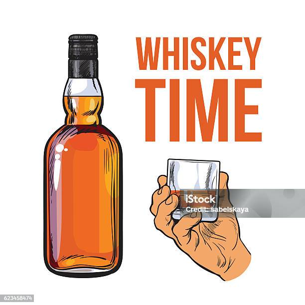 Whiskey Bottle And Hand Holding Full Shot Glass Stock Illustration - Download Image Now - Scotch Whiskey, Scotland, Whiskey