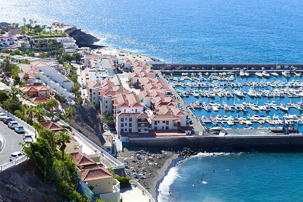 istock Canary Islands seaside resort with marina, black sand beach 623458540