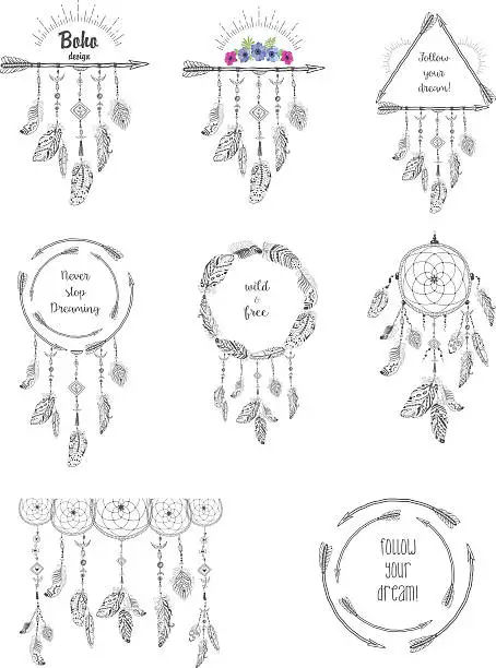 Vector illustration of Boho Style Frames and Decorations.