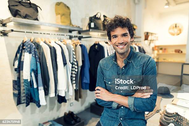 Portrait Of Cheerful Owner In Clothing Store Looking At Camera-foton och fler bilder på Affär