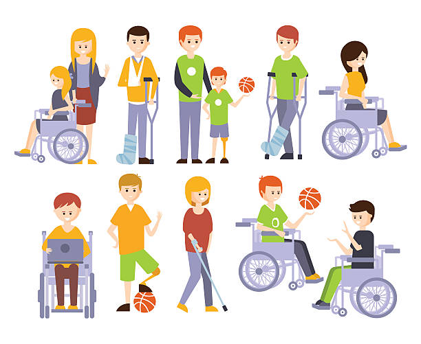 ilustrações, clipart, desenhos animados e ícones de pessoas com deficiência física vivendo vida plenamente feliz com conjunto de deficiência - disablement
