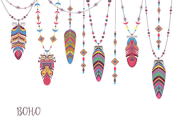 Boho Abstract Design with Bird Feather and Beads. Boho Abstract Design with Bird Feather and Beads. Ethnic Tribal Decorative Background. symbol north american tribal culture bead feather stock illustrations