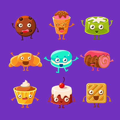 Happy Food Sweets And Sweet Pastry Cartoon Characters With Faces Stock  Illustration - Download Image Now - iStock
