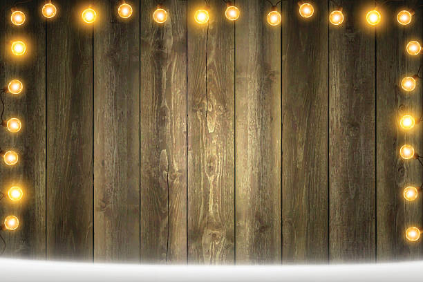 istock Christmas Lights on Horizontal blank Wooden background with snow 623482738