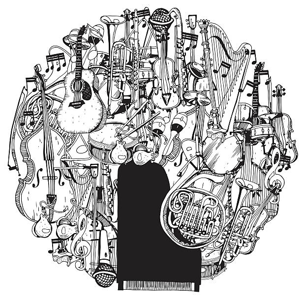 handgezeichnete sammlung von musikinstrumenten im kreis. - musical note illustrations stock-grafiken, -clipart, -cartoons und -symbole