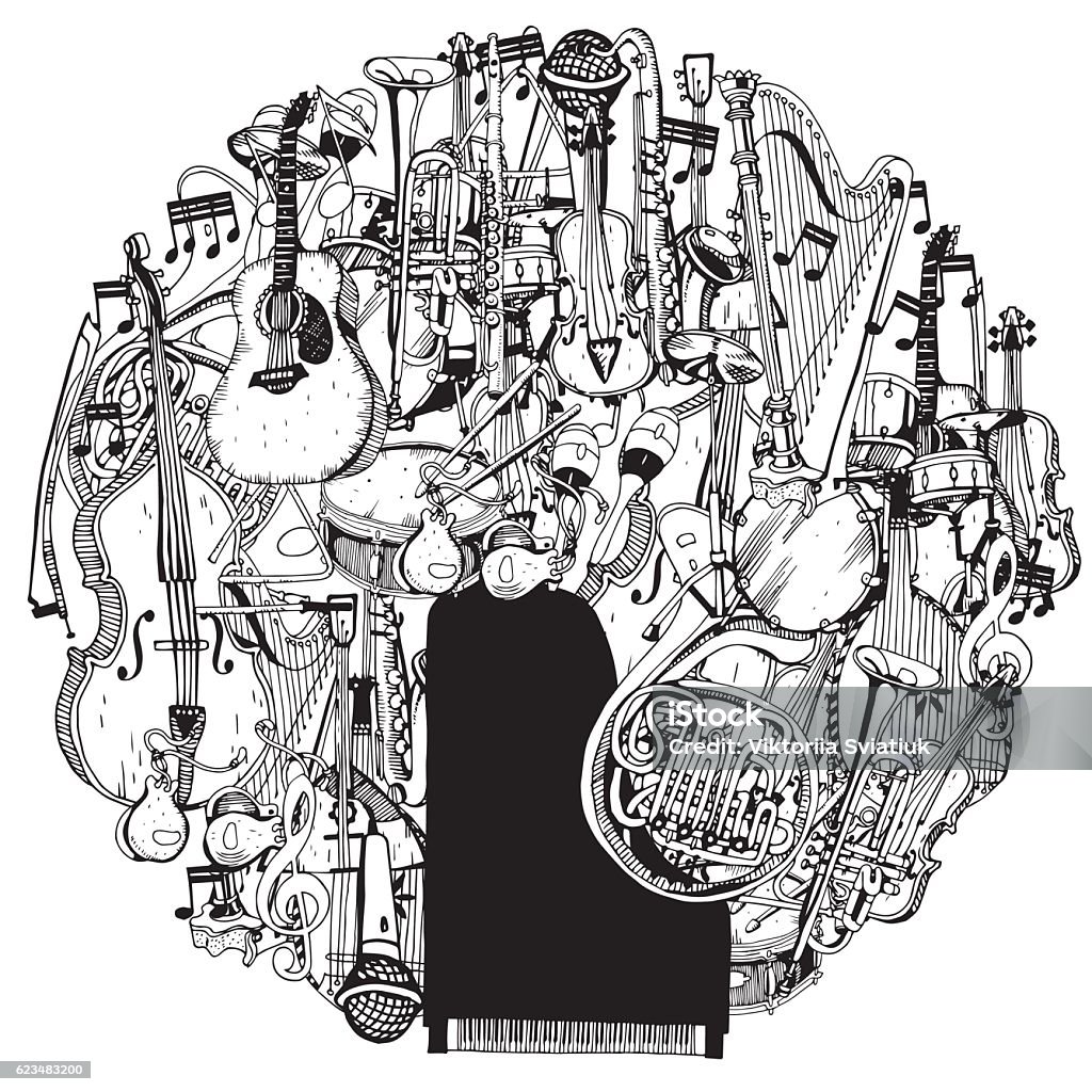 Hand drawn Collection of Music Instruments in circle. Collection of Music Instruments in circle. Hand drawn illustration in doodle style. Musical Instrument stock vector