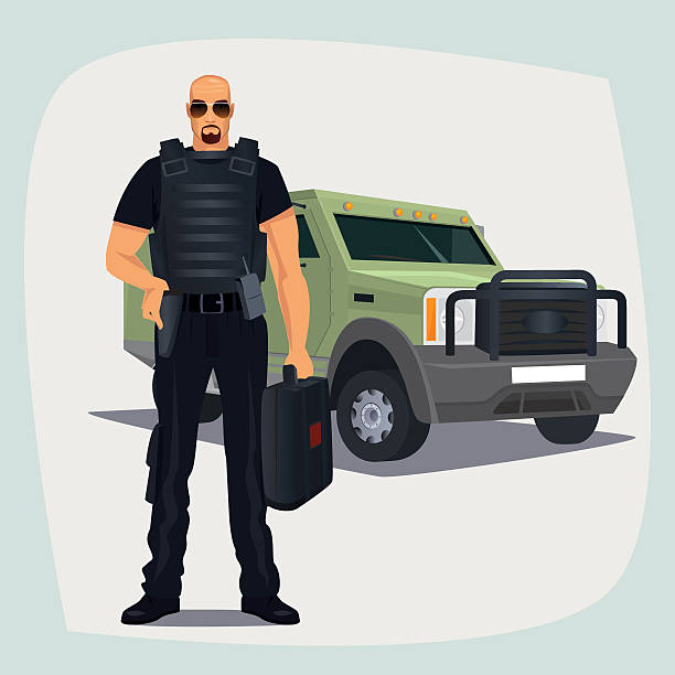 Cash and Valuables in Transit guard man Cash and Valuables in Transit guard man in bullet proof vest, standing with cash or money suitcase. Right hand on holster keeps firearms. Armored vehicle on background cash in transit vehicle stock illustrations