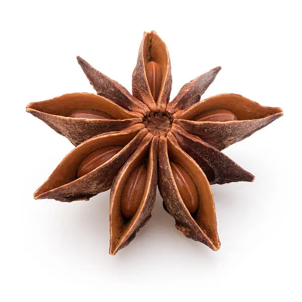 Star anise spice fruit and seeds isolated on white background closeup