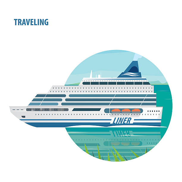 illustrazioni stock, clip art, cartoni animati e icone di tendenza di emblema su sfondo bianco con transatlantico - ferry container ship cruise sailing ship