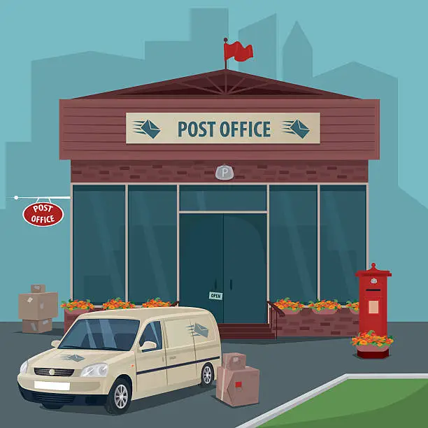 Vector illustration of Exterior of post office and car of postal service
