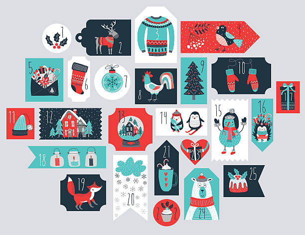 рождественский календарь пришествия, нарисованный вручную стиль. - advent calendar advent christmas tree christmas stock illustrations