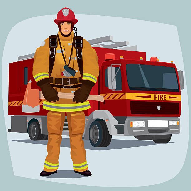 Firefighter or fireman with fire truck Firefighter, man from fire brigade, standing full face in form of fireman, with personal protective equipment, bunker or turnout gear. In the background a fire truck chiefs stock illustrations
