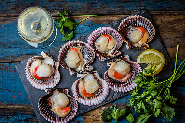 istock Raw scallops with lemon, cilantro on slate plate, white wine 623484582