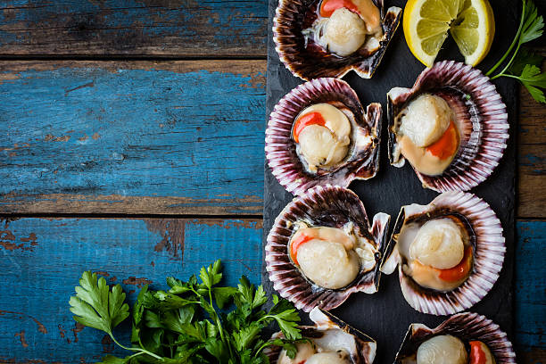 istock Raw scallops with lemon, cilantro on slate plate, white wine 623484774