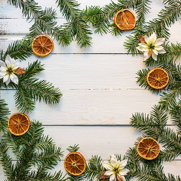 istock Christmas wooden background with fir tree and decoration 623484872