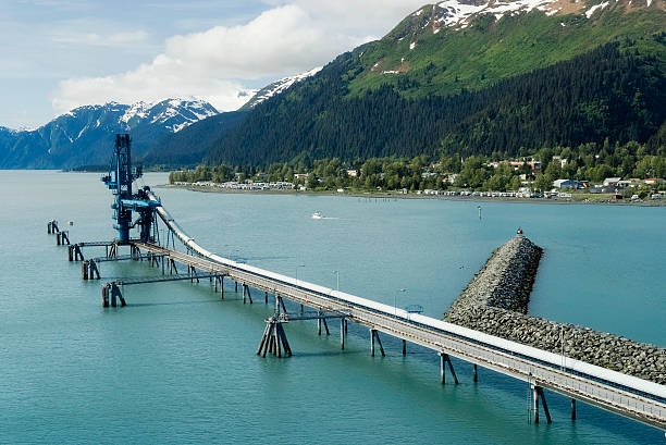 Industiral Pipe at the port of Seward delivering oil stock photo