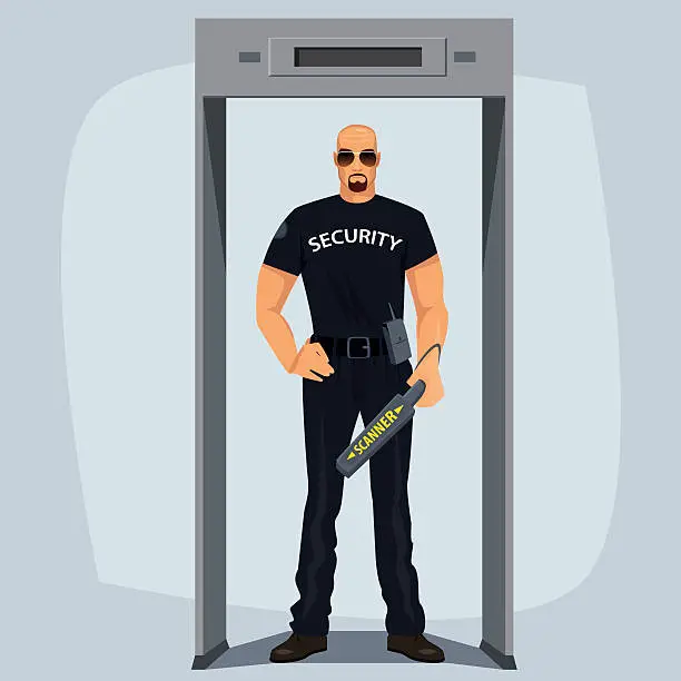 Vector illustration of Security guard with metal detector