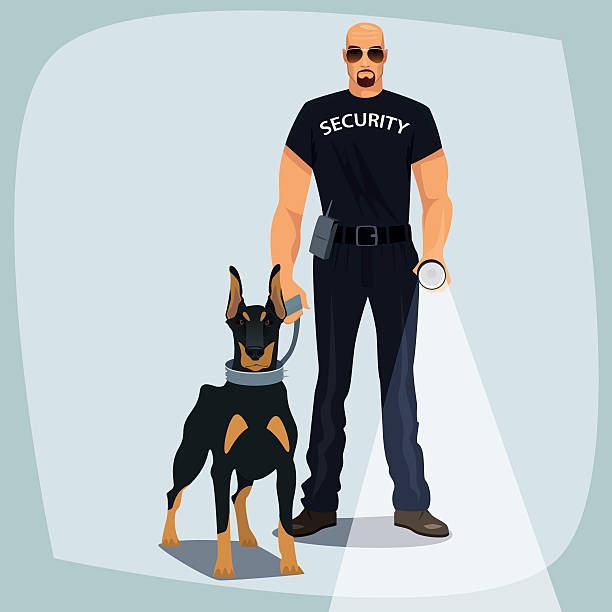 illustrazioni stock, clip art, cartoni animati e icone di tendenza di agente di sicurezza che tiene in mano il cane da guardia al guinzaglio - security guard protection security staff bodyguard