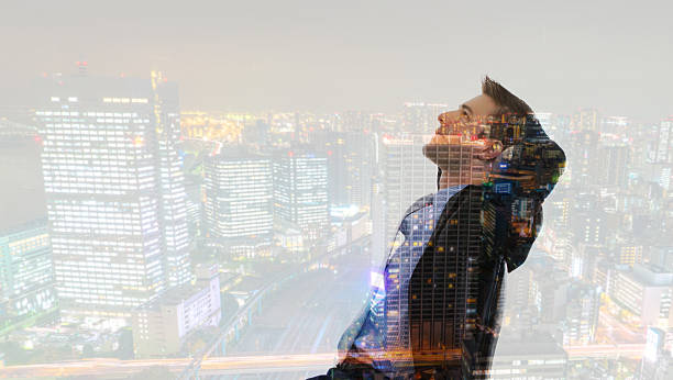 istock Double exposure of man over cityscape 623488666