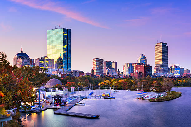 Boston Massachusetts Skyline Boston, Massachusetts, USA skyline. boston skyline night skyscraper stock pictures, royalty-free photos & images