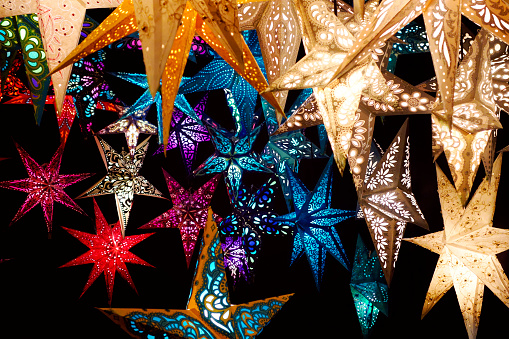 Illuminated moravian Christmas stars in amazing colors