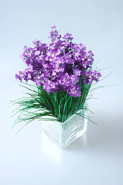 istock Purple flowers in a square glass vase. 623503518