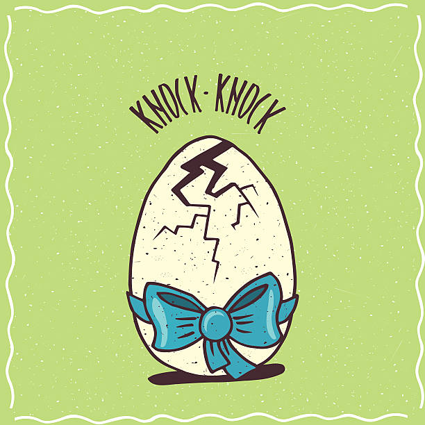 파란 리본으로 금이 간 달걀 - animal egg chicken new cracked stock illustrations