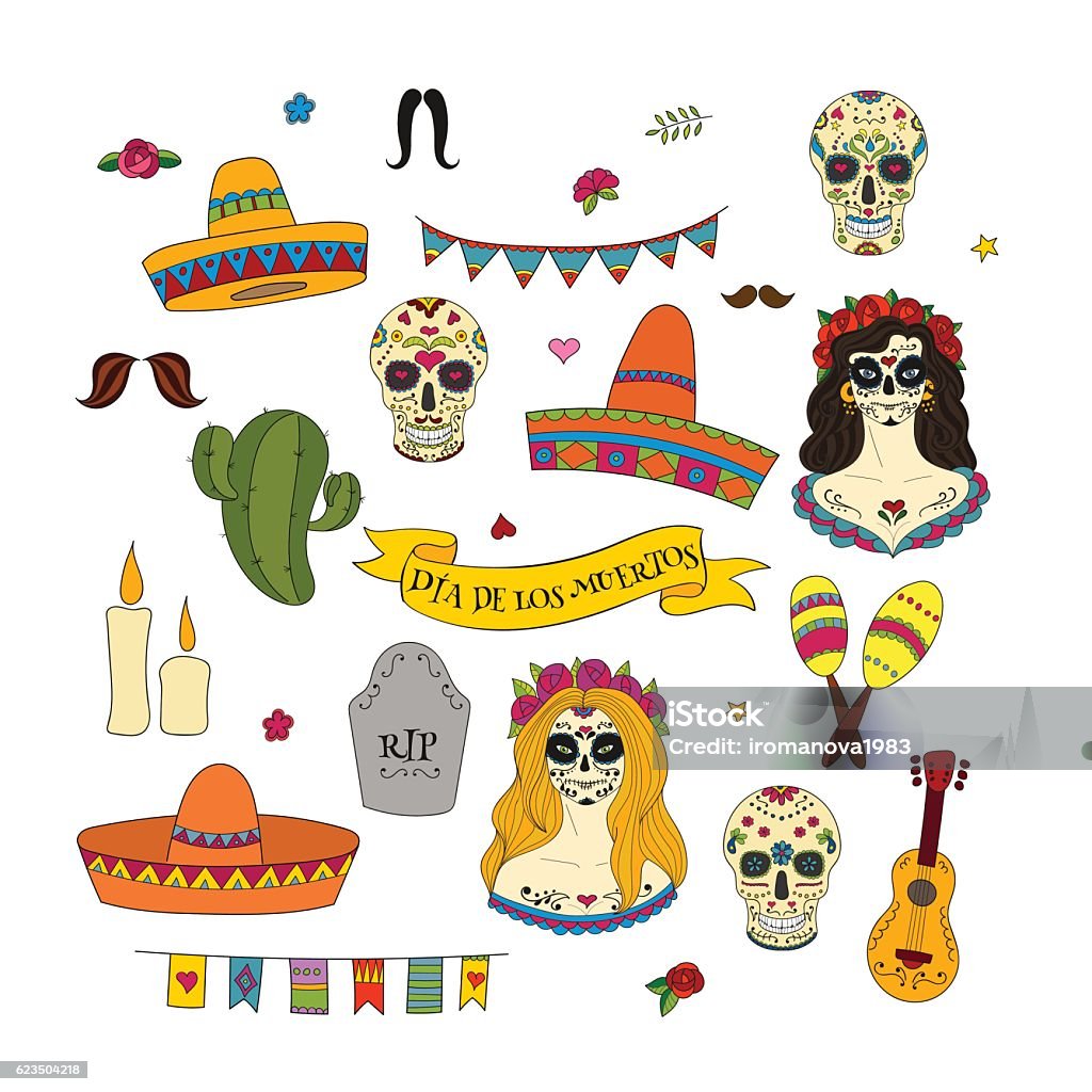 Collection of doodle vector elements for Dia de los Muertos Vector EPS10 illustration for the Day of the Dead Adult stock vector