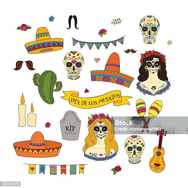 Collection Of Doodle Vector Elements For Dia De Los Muertos Stock Illustration - Download Image Now