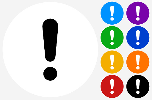 Exclamation Point Icon on Flat Color Circle Buttons. This 100% royalty free vector illustration features the main icon pictured in black inside a white circle. The alternative color options in blue, green, yellow, red, purple, indigo, orange and black are on the right of the icon and are arranged in two vertical columns.