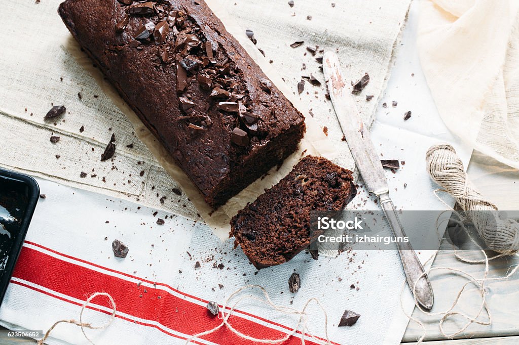 Chocolate Loaf cake with banan. Rustic style Chocolate Cake Stock Photo