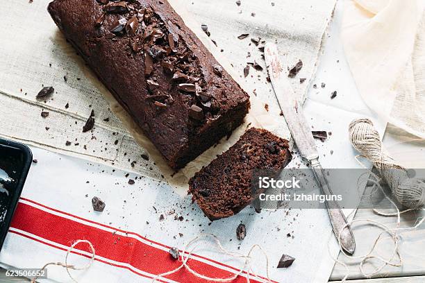 Chocolate Loaf Cake With Banan Rustic Style Stock Photo - Download Image Now - Chocolate Cake, Banana, Bread