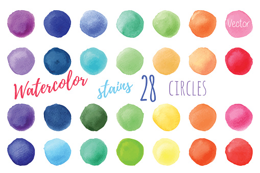 Hand painted rainbow watercolor circles. Set of watercolor abstract texture backgrounds. Watercolor circle design elements isolated on a white background. Watercolor round bubbles. Vector illustration