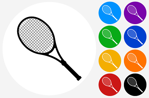 Tennis Racket Icon on Flat Color Circle Buttons. This 100% royalty free vector illustration features the main icon pictured in black inside a white circle. The alternative color options in blue, green, yellow, red, purple, indigo, orange and black are on the right of the icon and are arranged in two vertical columns.