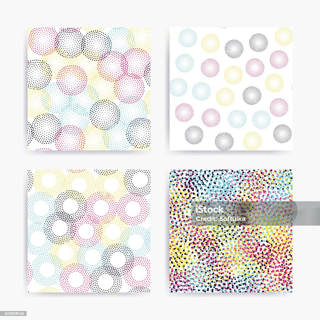 Color universal geometric seamless patterns set Color universal geometric seamless patterns set in pointillism style. Endless vector texture collection can be used for wrapping wallpaper, pattern fills, web background,surface textures, clothes CMYK stock vector