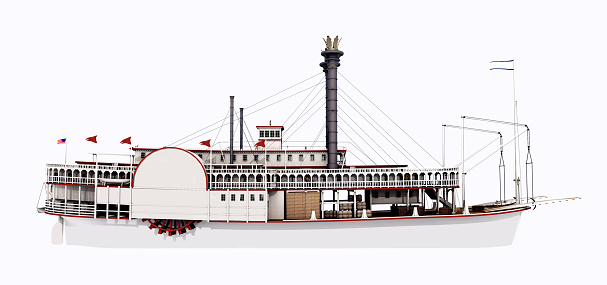 Computer generated 3D illustration with a side view of a steamboat of the Mississippi isolated on white background